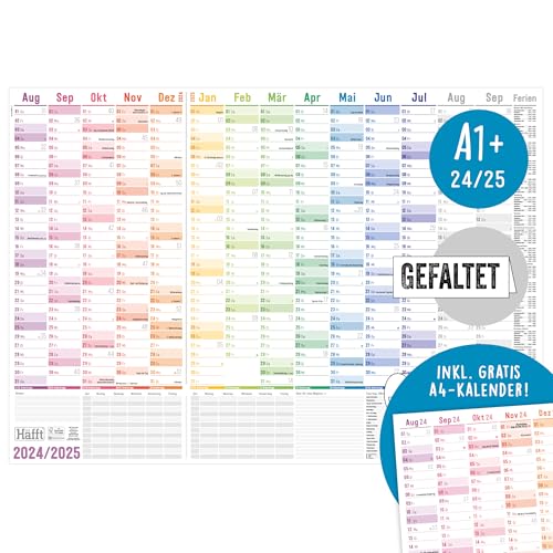 Häfft® XXL Wandkalender Schuljahr 2024/2025 A1+ "Rainbow" 89 x 63 cm groß, gefaltet/gefalzt - Schuljahreskalender, Schuljahresplaner für die Wand - nachhaltig & klimafreundlich