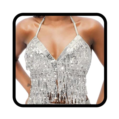 Flovel Glitzerndes Pailletten Top mit Quaste Bauchtanz BH Rave Outfits Glitzer Party Tanktop Festival Crop Top Kostüm für Frauen (DE/NL/SE/PL, Alphanumerisch, Einheitsgröße, Regular, Regular, Silber)