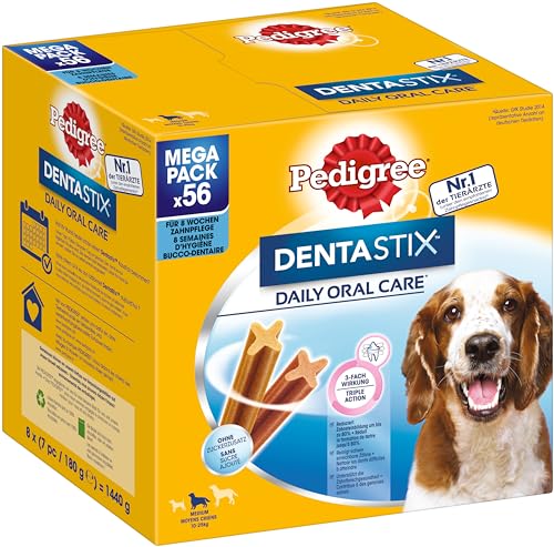 Pedigree DentaStix Daily Oral Care Zahnpflegesnack für mittelgroße Hunde – Hundeleckerli mit Huhn- & Rindgeschmack für jeden Tag – 1 x 56 Stück