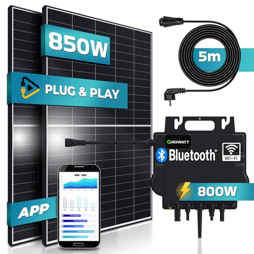 SUNNIVA® Balkonkraftwerk 850W/800W Solaranlage mit 800W GROWATT Micro Wechselrichter und 5m Anschlusskabel, WIFI & Bluetooth integriert, drosselbar & upgradebar auf 600W oder 800W, 2x 425W Solarmodule