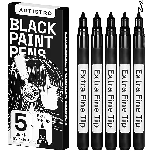 Artistro 5 Acrylstifte Schwarz, Zeichenstifte, Stifte für Steine, Felsmalerei, Keramik, Glas, Holz, Metall, Leinwand, DIY, 5-er Set Acrylfarbe Permanent Marker auf Wasserbasis mit Extra-Feiner Spitze