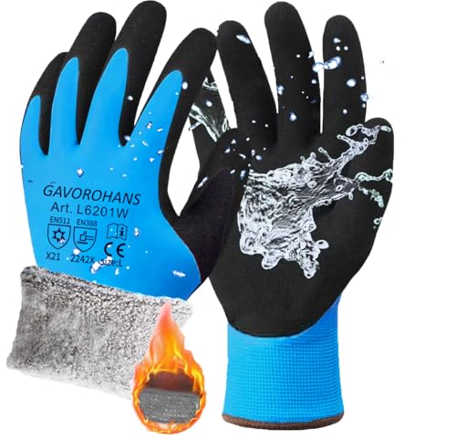 GAVOROHANS Wasserdichte Thermo-Winter-Arbeitshandschuhe, Polarfleece-Innenfutter, Hervorragende Griffigkeit, Doppelte Latex-Beschichtung (Blau-1Paar, L)