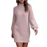 EMATOP Damen Rollkragen Strickkleid Langarm Elegant Winterkleid Knielang Bodycon Minikleid Casual Einfarbig Pulloverkleid Warm Baumwolle Sweatkleid Herbst Winter Freizeitkleid Cocktail Kleider