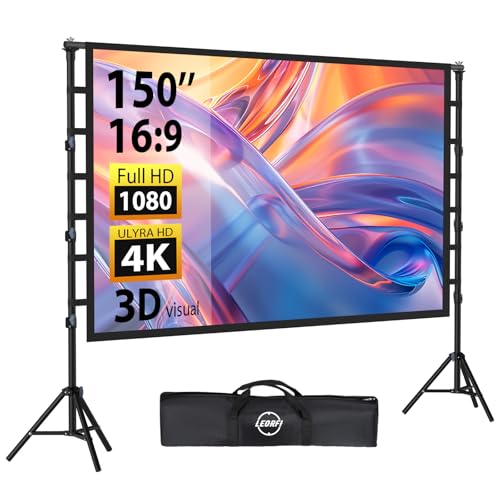 Beamer Leinwand 150 Zoll mit Faltbarem Standfuß, LEORFI Outdoor-Indoor Projektionswand HD 16:9, Tragbare Filmleinwand mit Tragetasche, Höhenverstellbar, für Camping und Heimkino
