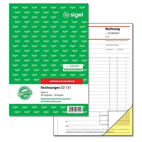 SIGEL SD131 Rechnungen fortlaufend nummeriert, eindeutige 7stellige Nummer wie vom Finanzamt vorgeschrieben, A5, 2x50 Blatt, selbstdurchschreibend, mit Abheftlochung, aus nachhaltigem Papier