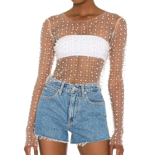 2025 - Frauen Perle Strass Sheer Mesh Crop Top Sexy Durchsichtig Langarm Slim Fit Cropped Bluse Shirt Clubwear Dirndl New (Beige, M)