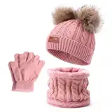 3 Stück Kinder Wintermütze Schal Handschuhe Mädchen Set Kindermütze Strickmütze Kinder Mütze Schal Set Jungen Warme Winter Beanie Hut Handschuhe runder Schal Set für Jungen Mädchen Kinder (Rosa)