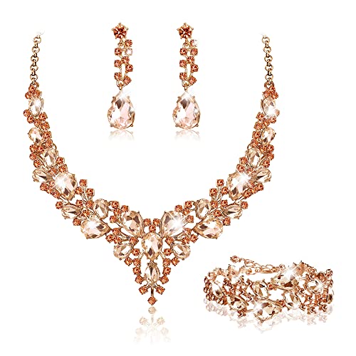 JeweBella Hochzeit Schmuck Sets für Damen Kristall Braut Halskette Vintage Strass Ohrringe und Armband Set Hochzeit Verlobung Braut Brautjungfer Dirndl Geschenk Schmuck