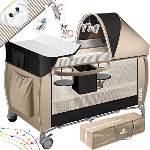 Kidiz® Babybett 3 in 1 Reisebett Kombi Set Baby Bett mit Wickelauflage Moskitonetz Laufstall Baby ab Geburt bis 15 kg luftige Seitenwände mit Seiteneingang Tragetasche zusammenklappbar, Schwarz/Beige