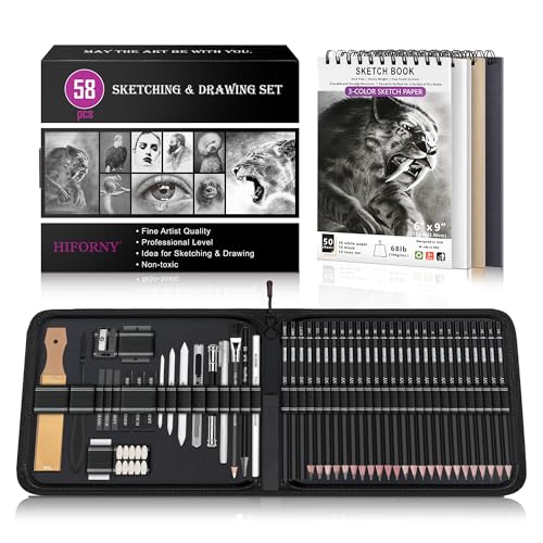 HIFORNY 58-teiliges Zeichenset, Skizzierstifte, Kunstzubehör mit 3-farbigem Skizzenbuch, Graphit, Anthrazit, Mischwerkzeuge, Zeichenstifte für Erwachsene, Künstler