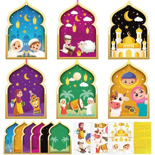 LAMEK 18 Sets Ramadan Bastelsets Kinder Ramadan Mubarak Kunsthandwerk zum Basteln Eid Mubarak Kreativsets mit Design Mond Moschee Geschenke für Jungen Mädchen Islamic Muslim Islamische Dekoration