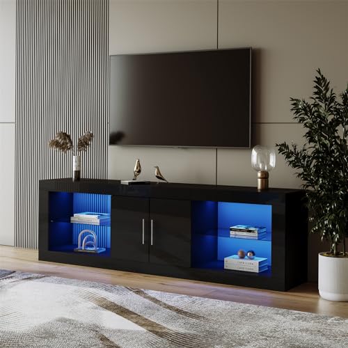 Bentiss TV-Schrank,für 60"-Fernseher,16-Farben-LED,Bluetooth-Steuerung; Hochglanz-Schranktüren,stilvoller Aufbewahrungsschrank für Wohnzimmer Schlafzimmer,Schwarz