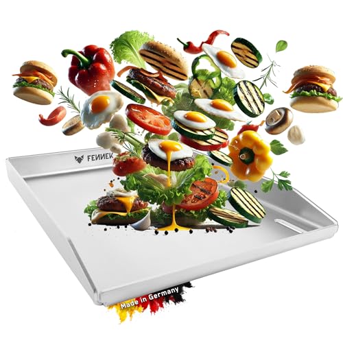 FENNEK Plancha Grillplatte Teppanyaki 40 x 30 cm | 4,0 mm Edelstahl | Ideal für Burger, Gemüse, Fisch, Steaks uvm. | Spülmaschinenfest | hochgezogene Kanten | extra großes Ablaufloch | Made in Germany