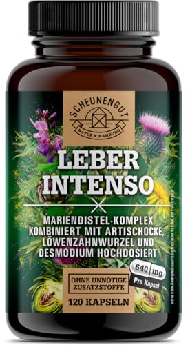 LEBER INTENSO® Leber Kapseln Hochdosiert - WICHTIG: Laborgeprüft mit Mariendistel, Artischocke, Löwenzahn, Desmodium PLUS 80% Silymarin und 5% Cynarin -DE- SCHEUNENGUT
