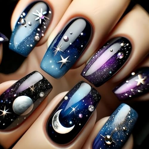 Yamobi 24 Stück Sternenhimmel Kunstnägel mit künstlerisch geprägten Designs schwarze Kunstnägel mit künstlerisch geprägten Designs,Quadratisch Acrylnägel für Frauen