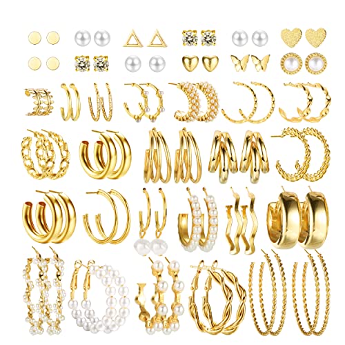 CASSIECA 36 Paar Gold Perlen Ohrringe Set für Damen Mädchen Mode Kettenglied Creolen Ohrstecker Tropfen Ohrringe Boho Statement Acryl Creolen Hypoallergen Ohrringe Geburtstagsfeier Schmuck Geschenk