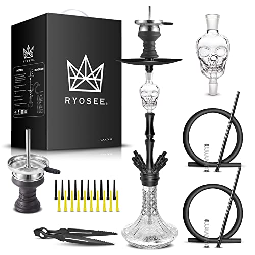 RYOSEE 80cm Komplettes Shisha-Set, 2 Schläuche und Griffe, Totenkopf-Ölsammler, Doppelzweck-Stützrohr aus Rauchsäule, Shisha Zange (Schwarz)