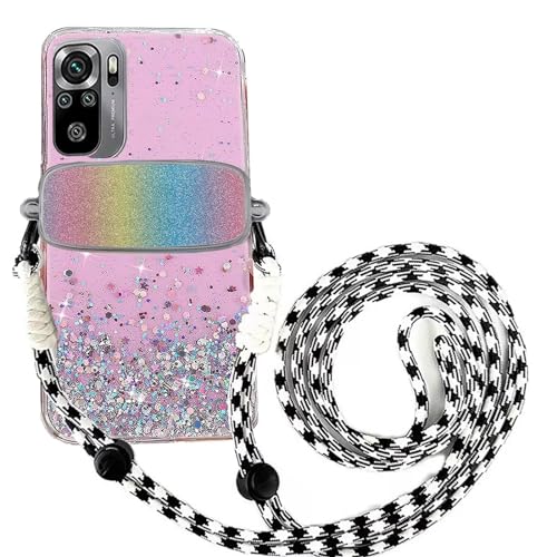 Tivenfezk Nadoli für Xiaomi Redmi Note 10 5G Glitzer Handykette Hülle,Silikon Bling Durchsichtig Crossbody Tasche zum Umhängen Schutzhülle mit Telefon Clip Halter Band