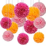 12pcs Rose Rot, Hellrosa und Orange Hängende Papier Pom Poms Dekorationen für Pink,Bachelorette,Boho,Geburtstag Party Dekorationen