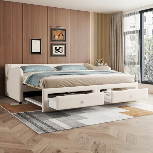 Daybettt, Tagesbett mit ausziehbarem Bett, Schlafsofa mit Zwei Schubkästen, Einzelbett(Ohne Matratze), Leinen, Minimalistisches Styling (Beige)