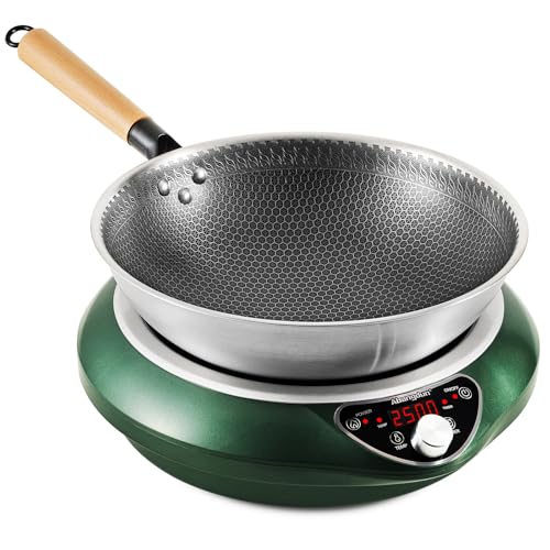 Abangdun Induktionskochplatte mit Wok, 2500W Induktionskochfeld 1 Platte Kochplatte Induktion mit 16 Leistungsstufen, 200W-2500Watt,Temperaturbereich 80-240°C, LED Display, 18-Stunden-Timer, 190-275V