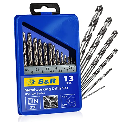 S&R Metallbohrer-Set HSS-G, Bohrerset 13-tlg, Hochleistungsbohrer für Metall, Stahl, Gusseisen, Größe 1,5-6,5 mm, konisch geschliffen 118 Grad, ideal für Hand- & Standbohrmaschinen, in Metallbox