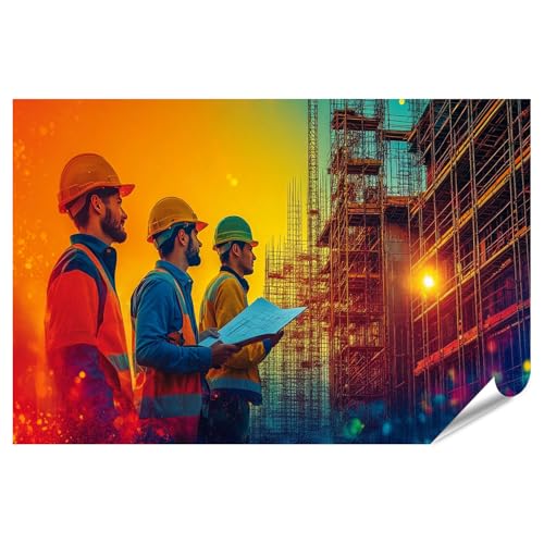 islandburner Prime XXL Bild Poster Bauarbeiter bei Sonnenuntergang auf der Baustelle für Wohnzimmer Architekten Baustoffhandel Premium Bilder Fotodruck