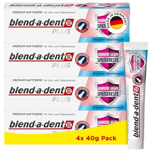 Blend-a-dent Plus Barriere Gegen Speisereste Premium Haftcreme Frisch, für Voll- und Teilprothesen, frischer Minzgeschmack, Made in Germany, 4x 40g Pack