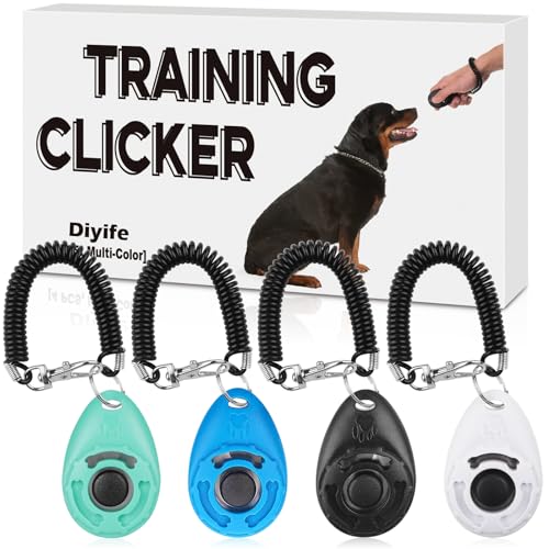 Diyife 4 Stück Hunde Clicker, Multi-Color Trainings-Clicker mit Handschlaufe, Klicker mit Großem Knopf, Hundeerziehung und Hundetraining, für Hund, Katze, Pferd (Cyan + Blau + Schwarz + Weiß)