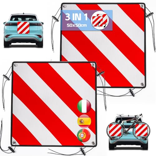 Sorlpv 2 Stück Warntafel für Italien Spanien Portugal, 3 In 1 Alu Reflektierend Warnschild 50x50CM mit Spannseile & Eckenschützer, Zertifizierte für Fahrradträger Heckträger Anhänger Auto Wohnmobil