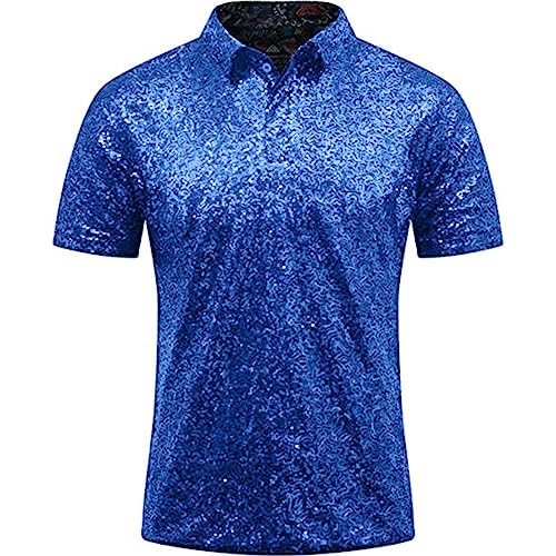 Herren Relaxed Short Sleeve Turndown Sparkles Pailletten Polos Shirts 70er Jahre Disco Nachtclub Party T-Shirts Hemd Überlänge Herren