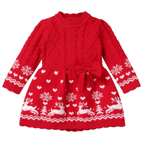 Odizli Neugeborene Baby M�dchen Weihnachtsoutfit Mein Erstes Weihnachten Kleid Herbst Winter Langarm Elch Weihnachtspullover Pulloverkleid Strickkleid Weihnachtskleid Winterkleid Rot 12-18 Monate