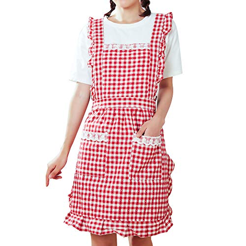 GudGmtoy Niedliche Küchenschürzen für Frauen mit Taschen, verstellbare Kochschürze, Damen, Backen, Baumwolle, Rüschen, Schürze, Kleid, zum Backen, Kochen, Mutter, Mädchen, Geburtstagsgeschenk, Rot,