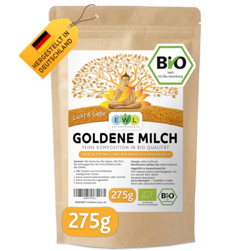 EWL Naturprodukte Bio Goldene Milch 275g, Golden Milk mit Kurkuma, Ingwer, Ashwaganda, Ceylon Zimt, Ceylon Pfeffer, Kokosblütenzucker