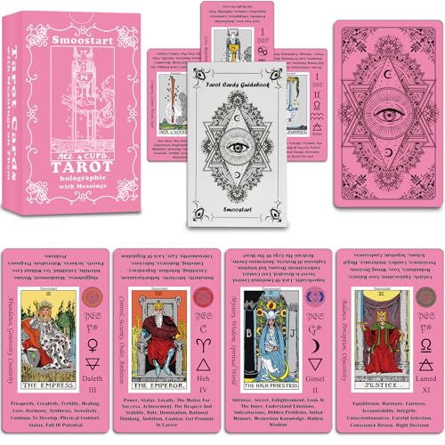 Smoostart Rosa Holografische Englische Tarotkarten mit Bedeutungen, Tarotkartendeck mit Leitfaden für Anfänger, Schlüsselwörter, Element, Planet, Chakra, Ja oder Nein, Numerologie