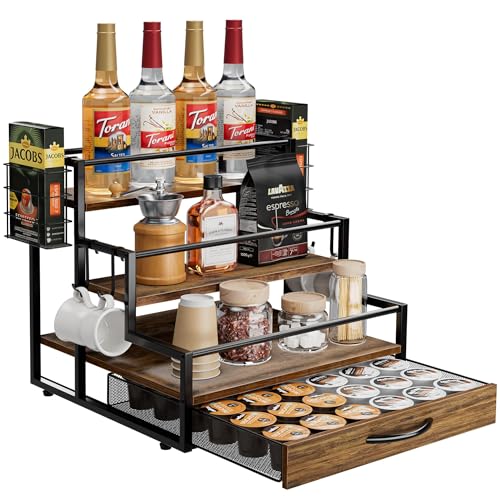 OCPO Kitchen Küche Sirup Organizer, 3-Tier-Flaschenhalter Stand Mit Schubladen für 36 K-CUP, Countertop Weinregal für Bis Zu 12 Flaschen, für Wein, Dressing