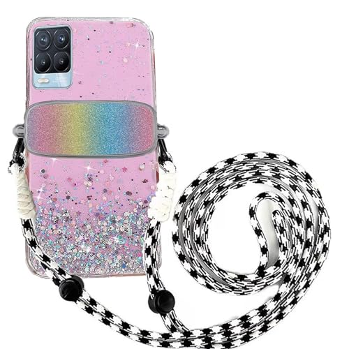 Tivenfezk Nadoli für Oppo Realme 8 4G Glitzer Handykette Hülle,Silikon Bling Durchsichtig Crossbody Tasche zum Umhängen Schutzhülle mit Telefon Clip Halter Band