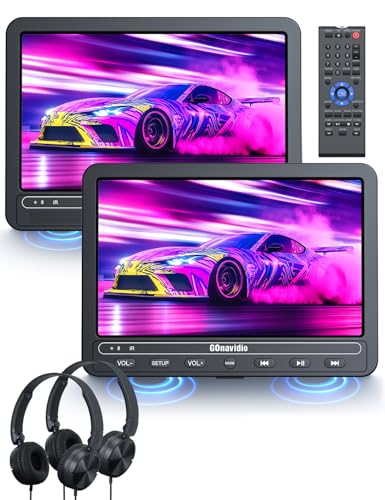 GOnavidio DVD Player Auto 2 Bildschirme 10,5" Mit 5 Stunden Akku 2 Kopfhörern Tragbarer Auto DVD Player Fernseher für Kinder TV, Unterstützt USB/SD, Regionsfrei (1 Player + 1 Monitor)