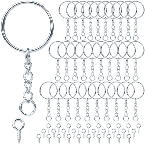 Schlüsselring mit Kette 170 Stück Schlüsselanhänger Basteln Set (85 Schlüsselanhänger Ringe Kette + 85 Schrauböse Pins) Schlüsselringe 25mm für Schlüssel DIY Taschen Schmuckherstellung (Silber)