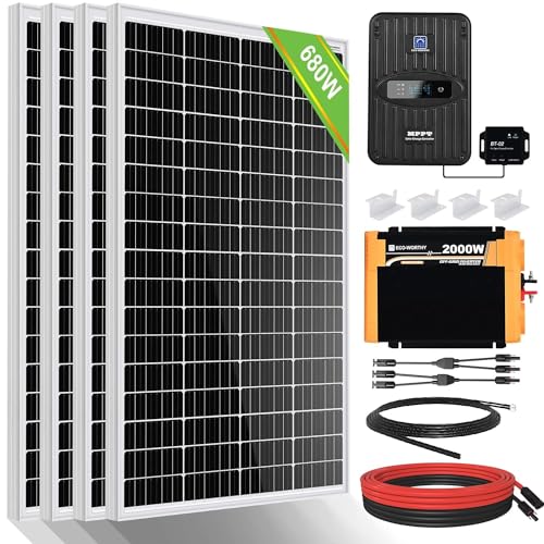 ECO-WORTHY 2.72kW·h Solarmodul System, 680W 12V Solarpanel Kit für Netzunabhängige Wohnmobile: 4 Stücke 170W Solarmodul + 40A MPPT Laderegler + 2000W DC 12V AC 230V Solar Wechselrichter