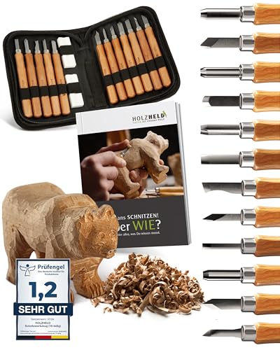 HOLZHELD Schnitzwerkzeug Set (16-teilig) mit Anleitung für 1 Schnitzprojekt - 12 hochwertige Schnitzmesser zum Schnitzen mit prakt. Werkzeugtasche