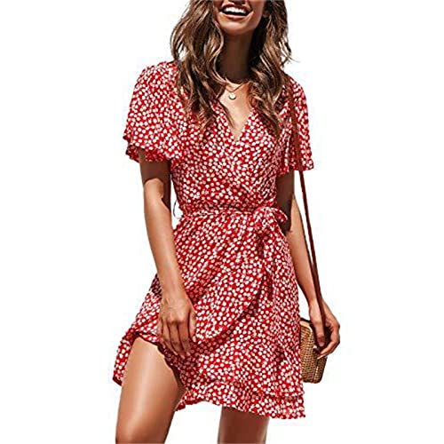 Damen V-Ausschnitt Kurzarm Sommerkleid Einfarbig Minikleid Tunika Geraffter Strandkleid Kurz (M,Rot)