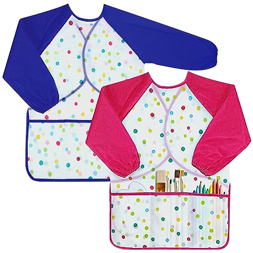 Malschürze Kinder 2 Stück Kinder Malkittel 2-8 Jahre für Mädchen/Junge, Wasserdicht Kinder Bastelschürze mit Ärmeln und 3 Taschen, Kinder Malkittel für Schule Kunst Malen Kochen Essen(Blau + Rosa)
