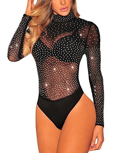 SEBOWEL Damen Sexy Strass Mesh Body Club Party Langarm Bodysuit Bluse Tops, Schwarzer Diamant, S