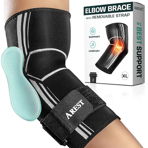 AREST Ellenbogenbandage mit Kompressionsband - Sportliche Ellbogen Bandage - Ellenbogen Bandagen Herren und Damen - Bandage Ellenbogen für Gym - Ellbogenschoner Verstellbar (XL)