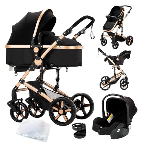 Doraystar Kinderwagen 3 in 1, Kombikinderwagen 3 in 1 mit Zwei Umkehrbaren Schiebemodi, Kinderwagen Set mit Ein-Klick-Faltdesign, Kinderwagen Komplettset Rahmen Aluminiumlegierung (588 Black Gold)