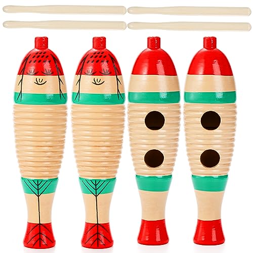 Yopay 4 Stück Guiro Instrument Fish Shaped, Latin Percussion Instrument, bunte hölzerne Musikinstrumente mit Rhythmus Sticks für Erwachsene, pädagogische Early Learning