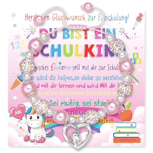 Rorchio Einschulung Mädchen Geschenk, Einhorn Armband Schultüte Füllung Schulanfang Geschenke Plus Grußkarte für Schulkind Tochter Enkelin Nichte