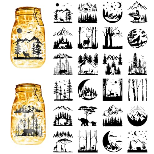 CREATCABIN 24 Stück Wald-Silhouetten,Einmachglas-Dekor,Berglaterne,Laserausschnitte,Ornamente,Tiere,Sammelalbum Für Milchglas,Wand,Fenster,Autos,DIY,Basteln,Weihnachten,Schwarz,10x9cm(Ohne Aufkleber)