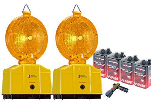 UvV Baustellenleuchten 2 Stück LED Warnleuchte Gelb mit Dämmerungsfunktion, Automatische Tag- und Nachtschaltung, inkl. Batterien und Lampenschlüssel